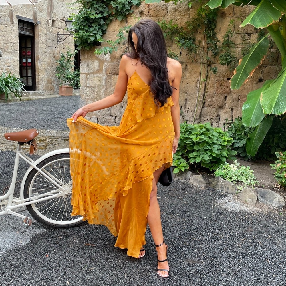 Golden Michelle Mason Strappy Ruffle Gown